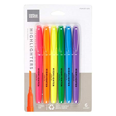 Office Depot 100% Recycled Pen-Style Highlighters, Assorted, Pack of 6, HY1002-6AST