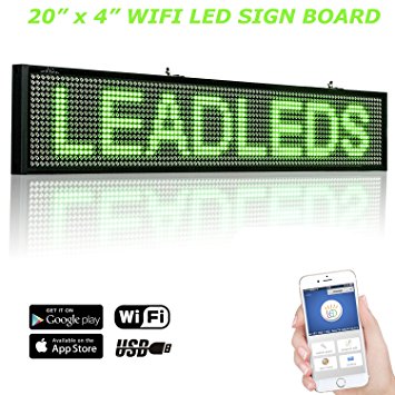 Leadleds 20 x 4 Inches Green Scrolling Message Display Board, WIFI and USB Programmable by Smartphone and Tablet PC for Office Notice, Car Windows, Business Store Advertising