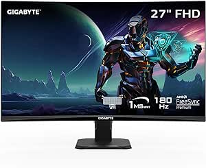 GIGABYTE GS27FC 27" 180Hz 1080P Gaming Monitor, 1920 x 1080 VA 1500R Display, 1ms (MPRT) Response Time, HDR Ready, FreeSync Premium, 1x Display Port 1.4, 2X HDMI 2.0,Black