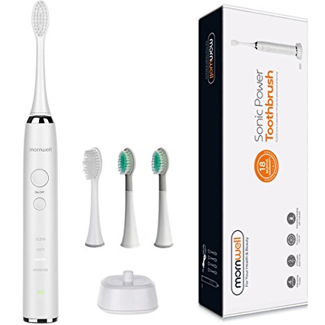 Mornwell Electric Toothbrush, Rechargeable Sonic Toothbrush with 4 Brushing Modes 4 Replacement Heads Dock Charger(White, Waterproof IPX7)