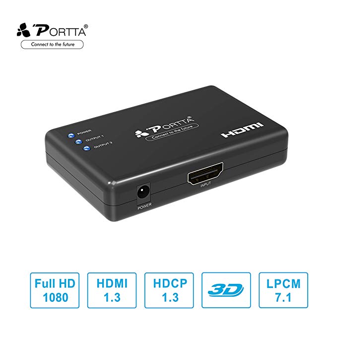 Portta 1x2 HDMI Splitter - 1 Port to 2 HDMI Display - Powered Splitter Ver 1.3 Certified Support Full HD 1080P / 4K & 3D for HDTV Monitor DVD Players PC Projector Sky Box PS3 PS4 Xbox (One Input To Two Outputs)