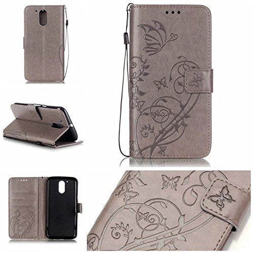 Motorola Moto G4 Case,Moto G4 Plus Case, ARSUE Butterfly Flower [Premium Flip] PU Leather Wallet Stand Protective Cover Case for Moto G 4th Gen (Gray)
