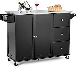 COSTWAY Large Kitchen Storage Trolley, Rolling Island Cart with Stainless Steel Countertop, Adjustable Shelves & 5 Wheels, Home Dining Room Serving Utility Organiser Cabinet, 136x46x91cm (Black)