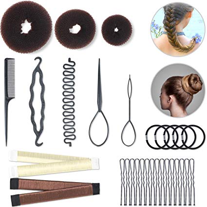 Hair Styling Set Hair Braid Tool 3 Pieces Donut Hair Bun Tool 2 Pieces French Twist Hairstyle Clip Rollers 15 Pieces U-shaped Hair Pins 5 Pieces Hair Ropes for Women Girls