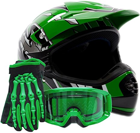 Youth Offroad Gear Combo Helmet Gloves Goggles DOT Motocross ATV Dirt Bike MX Motorcycle Green (Large)