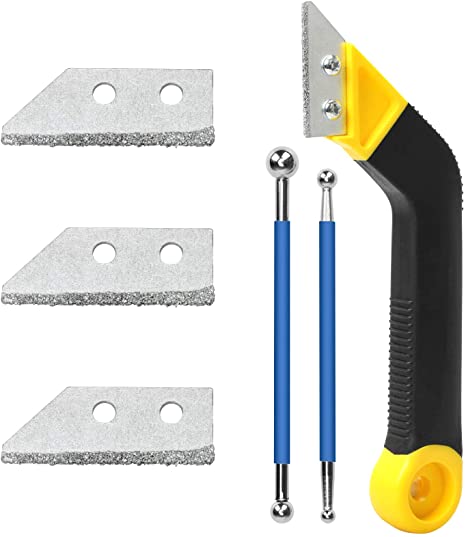 Coitak Tile Grout Saw Angled Grout Saw with 3 Pieces Extra Blades Replacement for Tile Cleaning, 2 Pieces Double Ball Ended Tiling Tool