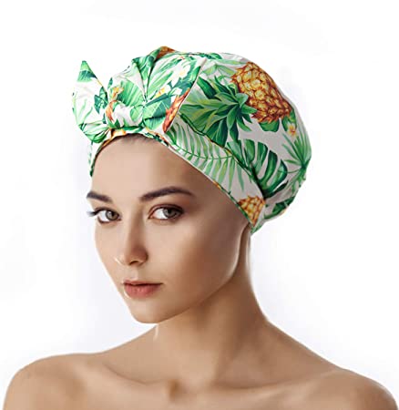 Shower Cap for Women Reusable Water Proof Cute Bath Cap Washable Double layers (Pineapple Leaves)