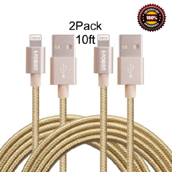E-POWIND 2pcs 10FT 8Pin Lightning Cable Nylon Braided Extremely Extra Long Charging Cable USB Cord for iphone 6s, 6s plus, 6plus, 6, SE,5s, 5c 5,iPad Mini, Air,iPad5,iPod on iOS9.(gold).