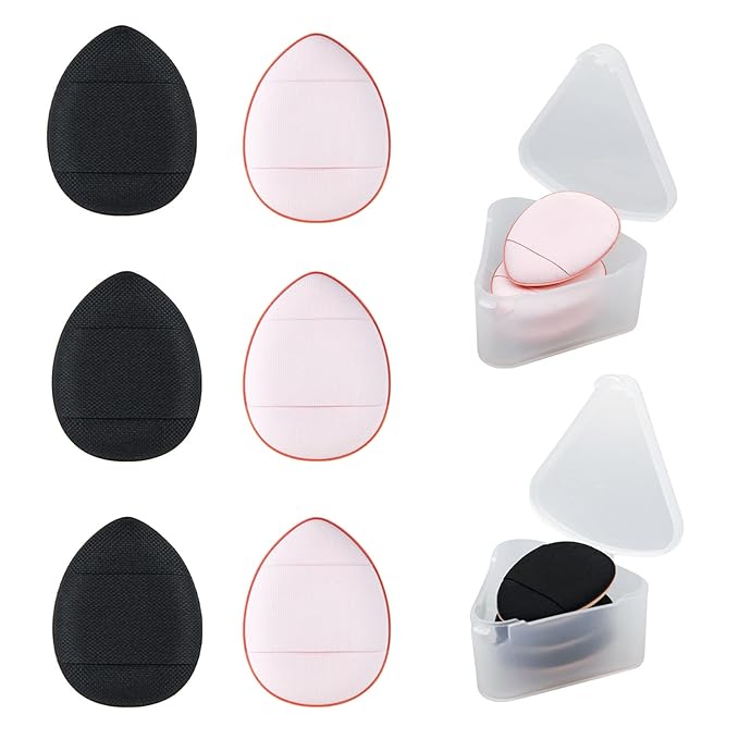 WishLotus 6Pc Mini Finger Powder Puff, Drop-Shaped Makeup Sponges for Foundation, Reusable Loose Powder Puffs with Small Case for Women&Girls and Makeup Setting Wet & Dry(Black Pink）