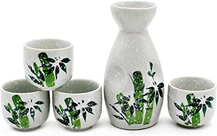 Japanese Ceramic Sake Set ~ 5 Piece Sake Set (Included 1 TOKKURI bottle and 4 OCHOKO cups) with Green Bamboo & Snow Patterns ~ Cafolo