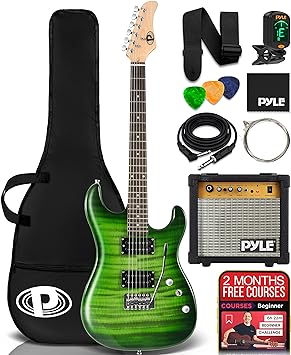 Pyle Electric Guitar Kit with Amp, Full Size Instrument with Humbucker Pickups, Guitarra Electrica Amplifier and Beginner Bundle Accessories, 39" Green