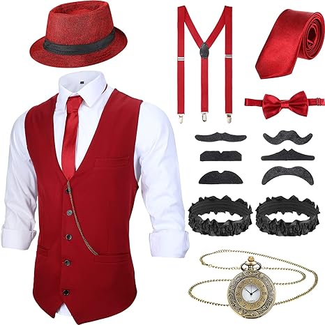 1920s Mens Costume Roaring Costumes Outfit with 20s Gangster Vest Hat Pocket Watch Suspenders