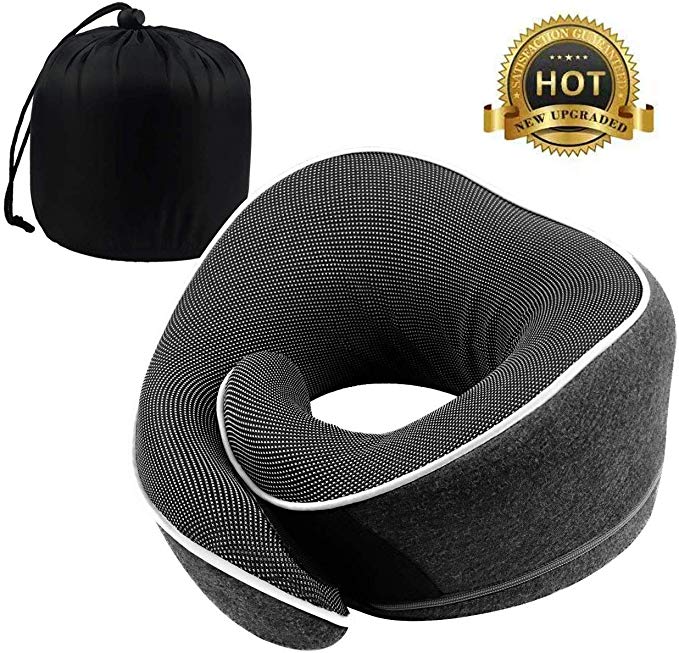 Juome Neck Pillow 100% Pure Memory Foam Travel Pillow, Ergonomic Neck & Chin Support for Comfortable Sleep on Airplane & Car, Breathable & Washable Cover, Dark Grey(Hook Included)