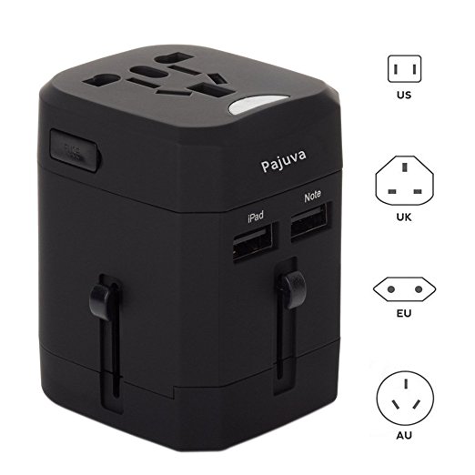 Worldwide Travel Adapter, Pajuva Universal All-in-one Safety Travel Charger Wall Charger Adapter Plug AC Socket Built-in 2.1A Dual USB Ports for [US UK EU AU] Home Use-Safety Fuse Protection (Black)