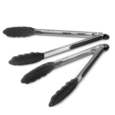 Vivree Kitchen Tongs Set - Salad & Grill Stainless Steel Serving Tongs with Silicone Tips - 9"&12" (Black)