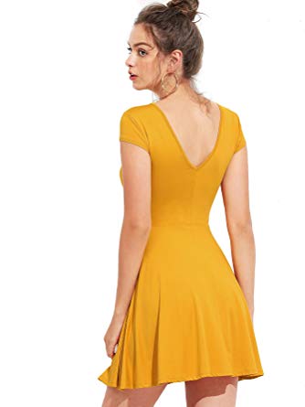 Romwe Women's Elegant Round Neck Open Back Summer A-Line Party Flared Dress