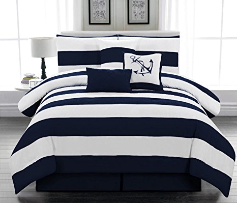 7pc. Microfiber Nautical Themed Comforter Set, Navy Blue and White Striped Full Size