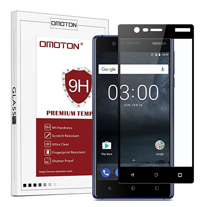 OMOTON Nokia 3 Screen Protector - Full Coverage Tempered Glass Screen Protector - [3D Round Edge] [9H Hardness] [Crystal Clear] [Scratch Resist] for Nokia 3 , Black