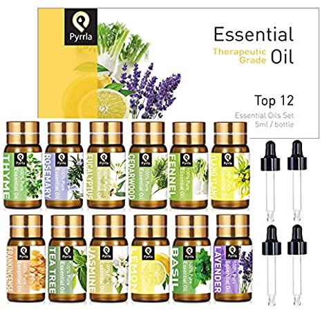 PYRRLA Essential Oils Top 12×5ML 100% Pure Therapeutic Grade Aromatherapy Oil Set with 4 Droppers Lavender,Frankincense,Rosemary,Lemon,Ylang-Ylang,Jasmine,Thyme,CedarWood,Basil,Fennel Essential Oils