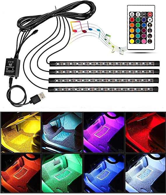 ZHT Led Car Interior Lights Waterproof 4x15 LED DC 12V 16 RGB Music LED Strip Light for Car with Wireless Remote Control and Smart USB Port