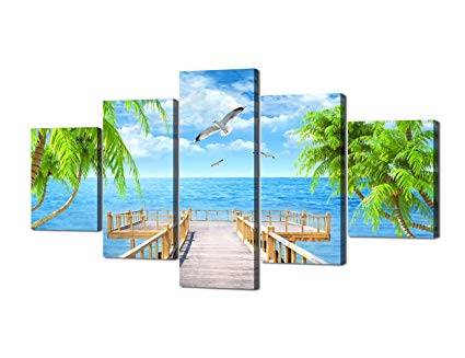 Seagulls Palm Tree Scene Landscape Picture Modern Painting on Canvas 5 Piece Framed Wall Art for Living Room Bedroom Kitchen Home Decor Stretched Gallery Canvas Wrap Giclee Print (60’’W x 32’’H)
