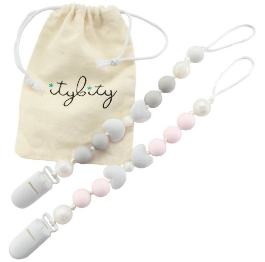 Bow Pacifier Clip Girl with BPA Free Silicone Teether, 2 Pack (Custom Soft Gray and Petal Pink)
