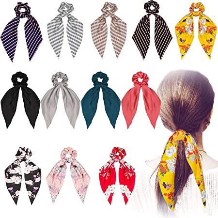 12 Pcs Silk Satin Hair Scrunchies Scarf,Soft Scarf Hair Ties Bowknot, Ribbon Bow Scrunchies Ponytail Holder for Women Girls, Including 4 Solid Colors & 4 Stripe Styles & 4 Flower Pattern