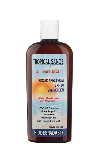 Tropical Sands All Natural Biodegradable Water Resistant Sunscreen - SPF 30 - 8 fl Ounces - Great for Snorkeling - Reef Safe