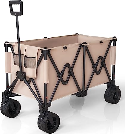 Flamaker Collapsible Folding Wagon Large Outdoor Portable Garden Cart with All-Terrain Wheels and Side Pocket Heavy Duty Utility Beach Wagon Cart for Camping, Shopping, Pet (Khaki)