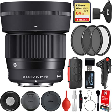 Sigma 56mm f/1.4 DC DN Contemporary Lens Sony E-Mount Bundle with 64GB Memory Card, IR Remote, 3 Piece Filter Kit, Wrist Strap, Card Reader, Memory Card Case, Tabletop Tripod