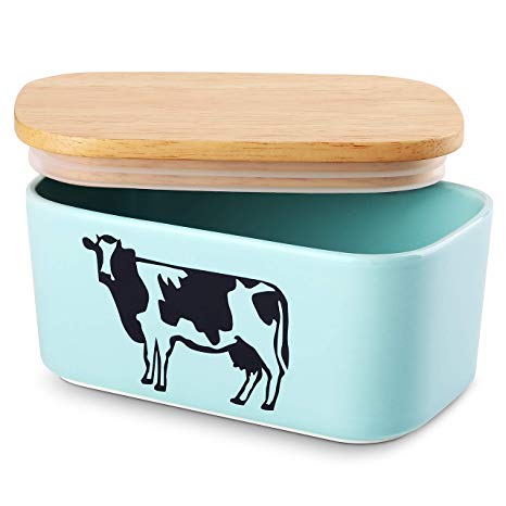 DOWAN Porcelain Butter Dish with Lid, Airtight Butter Container (Large Butter Dish), Cow Butter Dish, Blue