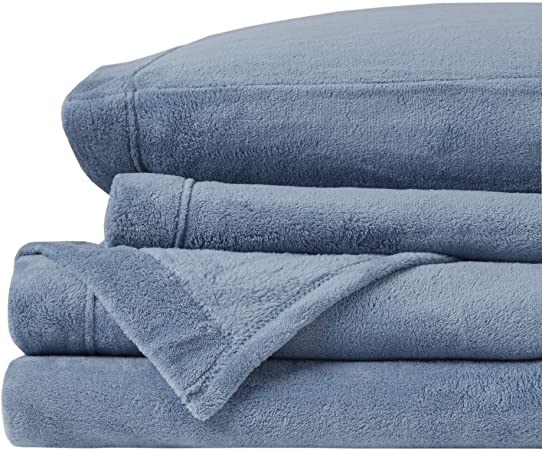 True North by Sleep Philosophy Soloft Plush, Wrinkle Resistant, Warm, Soft Fleece Sheets with 14" Deep Pocket Cold Season Cozy Bedding-Set, Matching Pillow Case, Full, Blue, 4 Piece
