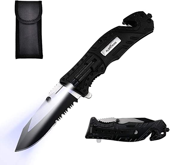 ALBATROSS 5-in-1 Dispatcher Tactical Knife with Glass Breaker, Seatbelt Cutter,Steel Serrated Blade,Flashlight and Carrying Bag, Good for Military Emergency Outdoor Rescue