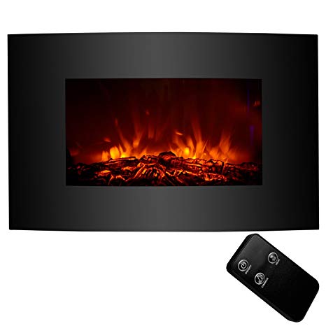 KUPPET 33"x22" Electric Fireplace Wall Mount with Heater Adjustable, and Space Heater with Realistic Brightly Burning Fire and Fake Wood, XL Large, W/Remote, 750W(Low Heat)/1500W(High Heat), Black
