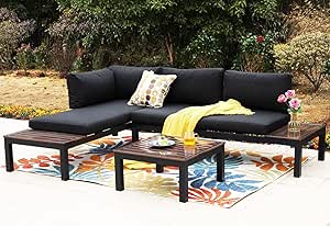 Sophia & William Aluminum Outdoor Sectional Sofa Patio Furniture Set L-Shaped All-Weather Patio Conversation Set Support 350LBS with Coffee Table,Built-in Side Table,Non-Slip Cushions (Matte Black)