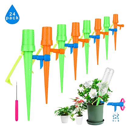 Plant Watering Spikes 24-Pack Upgraded Self Watering Devices with Control Valve Switch, Automatic Plant Waterer Vacation Drip Irrigation Water Stakes for Indoor & Outdoor, Fit for All Most Bottles