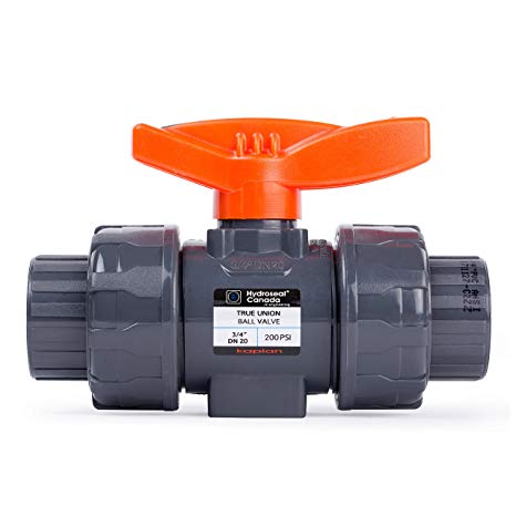 HYDROSEAL Kaplan 3/4" PVC True Union Ball Valve with Full Port, ASTM F1970, EPDM O-Rings and Reversible PTFE Seats, Rated at 200 PSI @73F, Gray, 3/4 inch Socket (3/4")