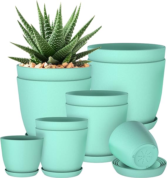 Utopia Home Plant Pots Indoor with Drainage - 7/6.6/6/5.3/4.8 Inches Decorative Flower Pots for Indoor Plants - Pack of 10 Aqua Plastic Planters for Indoor Plants, Flowers, Succulents & Nursery Pots