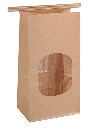 BagDream Bakery Bags with Window Small Wax Kraft Paper Bags 100Pcs 3.54x2.36x6.7" Tin Tie Tab Lock Bags Brown