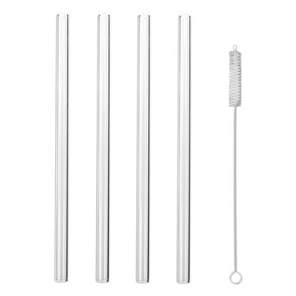 Hiware Glass Straws 10 in x 12mm Handmade Straight Clear Set of 4 With Free Cleaning Brush Smoothie Drinking Straws Long Reusable Straws