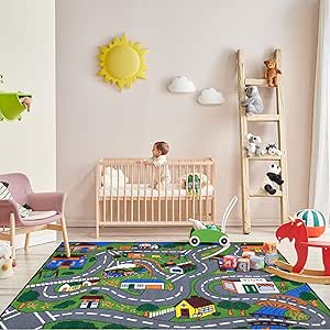 Ottomanson Jenny Collection Non-Slip Rubberback Educational Town Traffic Play Design 3x5 Kid's Area Rug, 3'3" x 5', Green/Multicolor