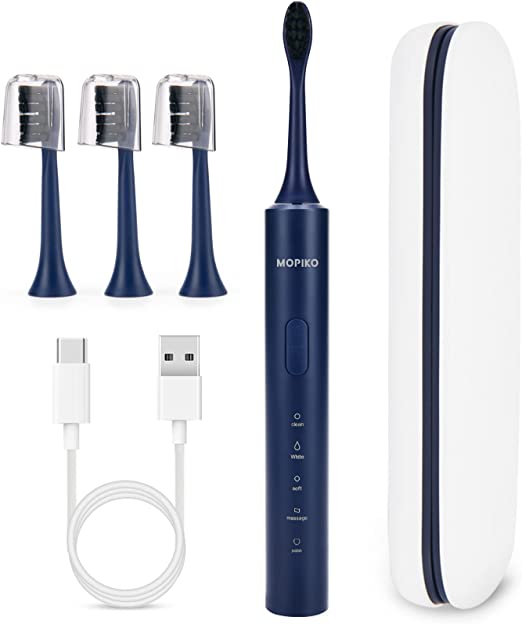 Sonic Electric Toothbrush with 4 Brush Heads for Adults and Kids, One Charge for 180 Days,5 Modes with 2 Minutes Build in Smart Timer, Rechargeable Electric Toothbrush with Travel Case MOPIKO (Blue)