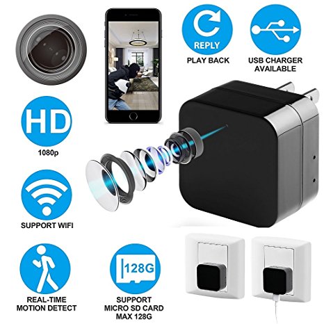 Spy Camera with HD 1080P Video - Motion Detection - WiFi Remote View - usb Wall Charger - Alarm Message -Supports 128GB Micro SD Card - Wireless Hidden Camera - Nanny Cam, Koozam Home