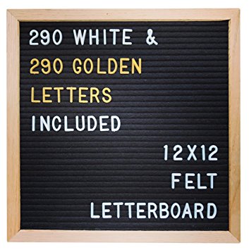 12"x12" Premium Black Felt Letter Board with 290 White and Extra 290 Gold Characters Included | Oak Wood Frame | Bonus Canvas Letter Bag - by Hippo Creation