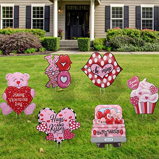 6 Pieces Valentine's Day Yard Sign Large Valentine Decorative Yard Signs Outdoor Decorations with 12 Pieces Lawn Stakes for Valentine's Day, 15.7 x 13 Inch