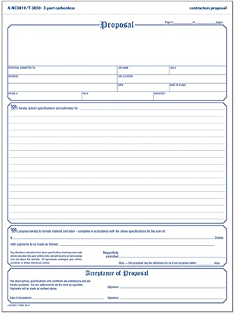 Adams Contractor's Proposal Forms, 8.5 x 11.44 Inch, 3-Part, Carbonless, 50-Pack, White, Canary and Pink (NC3819)