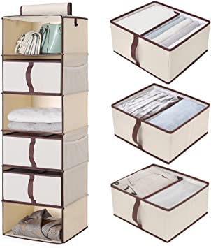 StorageWorks 6-Shelf Hanging Closet Organizer, Hanging Closet Shelves with 3 Divisible Drawers, Canvas, Beige, 13.6”W x 12.2”D x 42.5”H