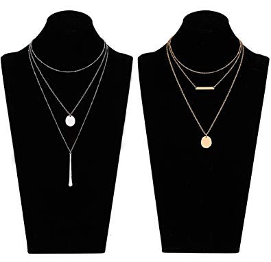 LIAO Jewelry 2 Pcs Bohemia Layered Necklace Set Multilayer Choker Necklaces Simple Coin Bar Pendant Station Chain Necklace for Women
