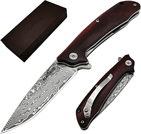 ALBATROSS 7" Ball Bearing Assisted Opening Pocket Knife-Red Sandalwood Handle-Modern Damascus Steel Blade Folding Knife Gift Box