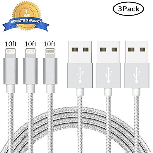 iPhone Charger Chamfind,iPhone Lightning to USB Cable (3Pack 10FT) Syncing and Charging Cord for iPhone 7,iPhone6,6s, 6 Plus,6s Plus, iPhone 5 5s 5c,SE, iPad Air, iPod,iPod (SGreyWhite)